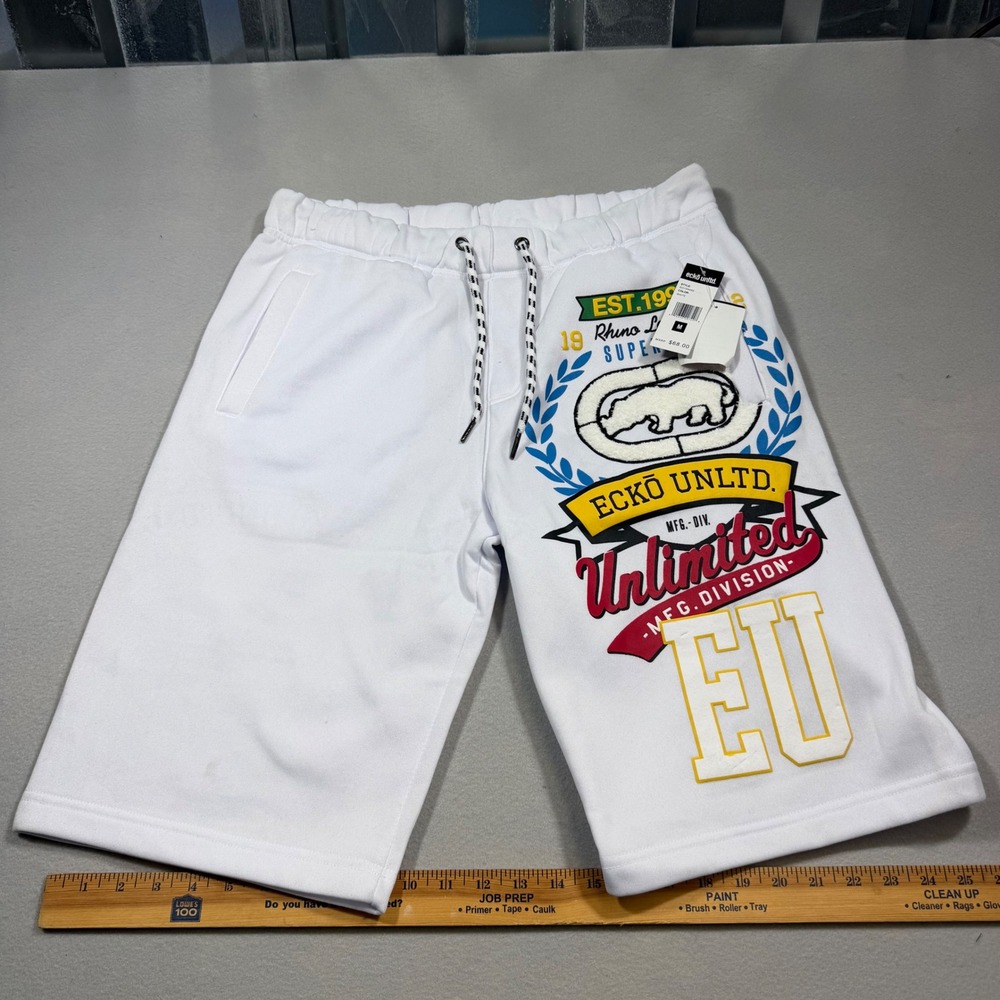 Ecko Unltd Mens Fleece Graphic Shorts White Rhino Logo Streetwear Size M NWT